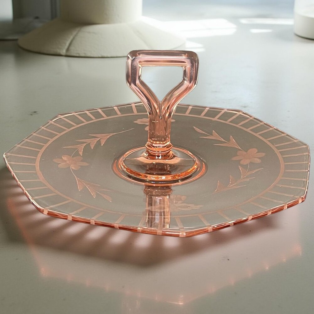 Cambridge Pink Depression Glass Center Handle Serving Tray 11" Octagonal 1930s
